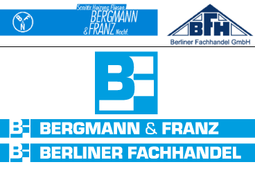 Alt: weiß in
cyanfarbenem Streifen Kreis mit B, F, N - Sanitär Heizung Fliesen - Bergmann & Franz
Nachf. sowie dunkelblaue Buchstaben unter einem Dach B, F, H, darunter Berliner
Fachhandel GmbH; Neu: Buchstabe B in invertiertem Buchstaben F als quadratisches
Signet, cyanfarbener Streifen mit Signet und entweder Bergmann & Franz oder
Berliner Fachhandel