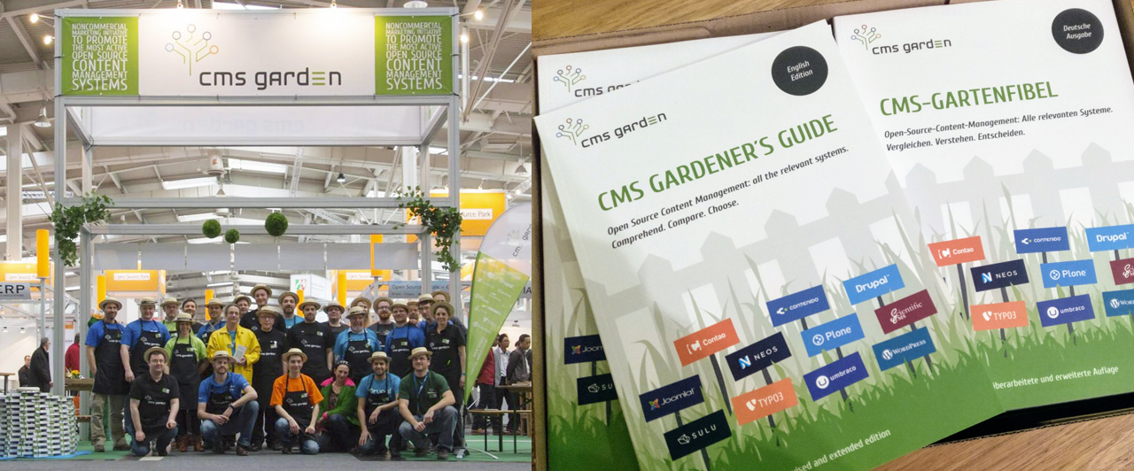 Gruppenfoto vor einem riesigen Messestand und Foto von
oben erwähnter Publikation, auf dem Titel CMS-Logos als Schilder in Rasen vor einem Gartenzaun gesteckt
