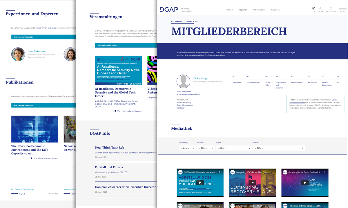 Screenshot eines individuellen
Seite im Mitgliederbereich, Elemente nachfolgend erwähnt