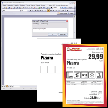 Abbildung 
	 verschiedener Arbeitsschritte mit der Word-Dokumentvorlage für die Preisschild-Erstellung
