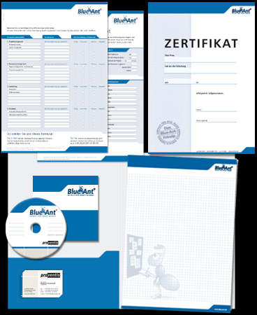 Formulare, Schulungszertifikat,
Faltmappe, CD-Rohlinge mit Hülle und Schreibblock
