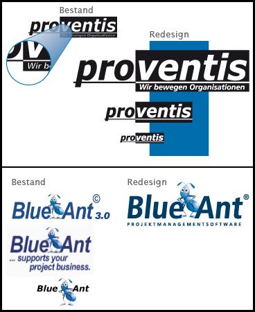 unterschiedliche vorgefundene 
		Logos (proventis und Blue Ant) nebst unseren harmonisierten Fassungen