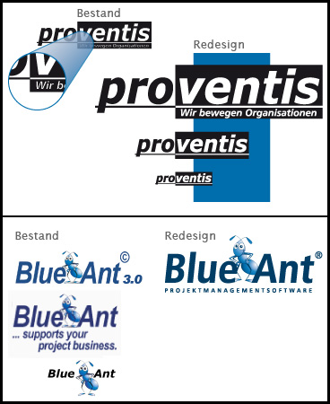 unterschiedliche vorgefundene
Logos (proventis und Blue Ant) nebst unseren harmonisierten Fassungen