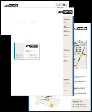 Geschäftsbogen, 
		Visitenkarten, Kuvertierhülle, Anfahrtsbeschreibung