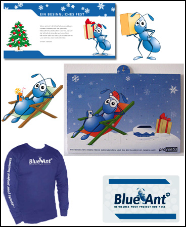 Variationen einiger vorhandener 
		Illustrationen der Ameise, z. B. für weihnachtliches Flair - Grußkarten, Adventskalender,
		Team-Langarmshirt